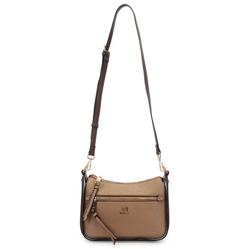 Bolsa tiracolo WJ Fendi feminina bege em material sintético com detalhes em couro, vista frontal com alça ajustável e fechamento em zíper.